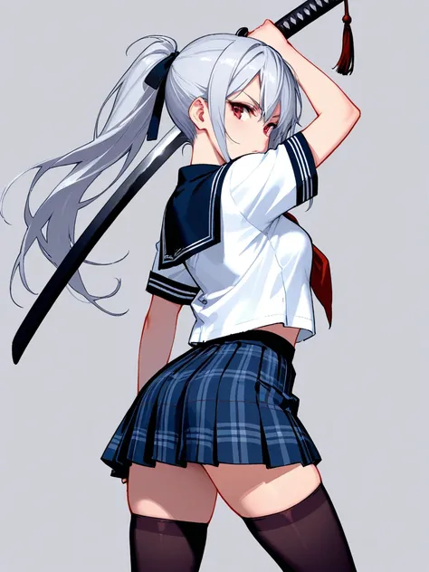 8k,masterpiece, best quality, ultra detailed, high resolution, super fine illustration, 1girl, solo, red eyes, silver hair, long hair, ponytail, school uniform, serafuku, pleated skirt, plaid skirt, thighhighs, holding Japanese sword,looking at viewer,