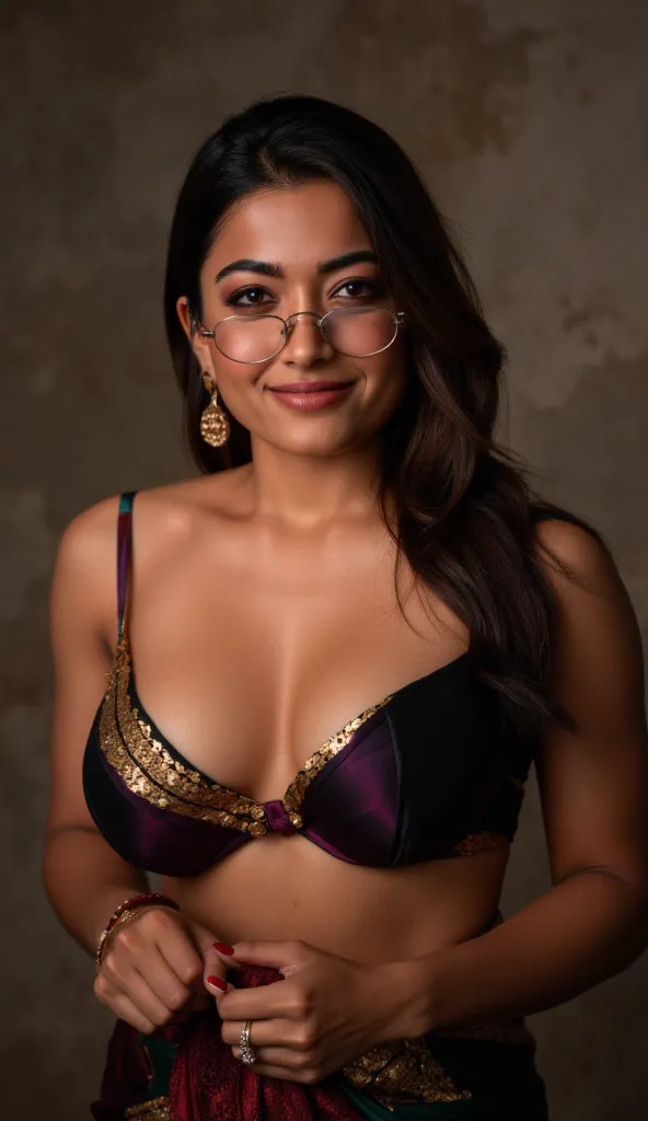 Close up of grinning american fit girl with very large boobs wearing saree and bra with cleavage and wearing specs looking like mia khalifa in a seductive manner,sexy expression,half picture till waist,close up such that the cleavage is visible,anatomicall...