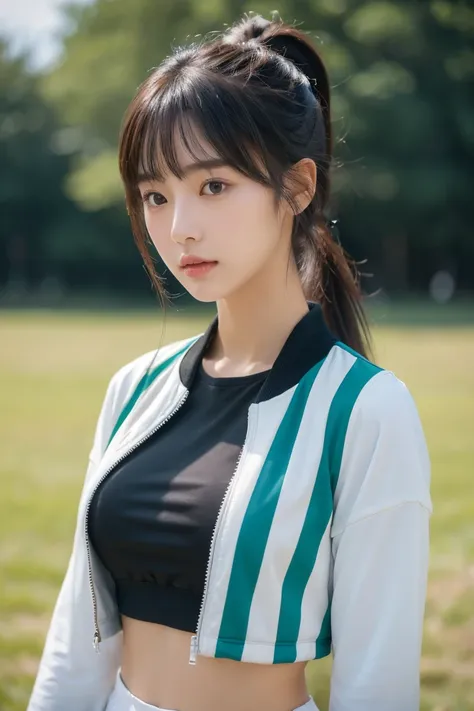 ((Highest quality, 8k, masterpiece :1.3)), A beautiful young Japanese woman with an athletic build, wearing a white crop top and a black sports jacket with stripes. She has toned abs and is wearing light blue high-waisted leggings. Her brown hair is styled...