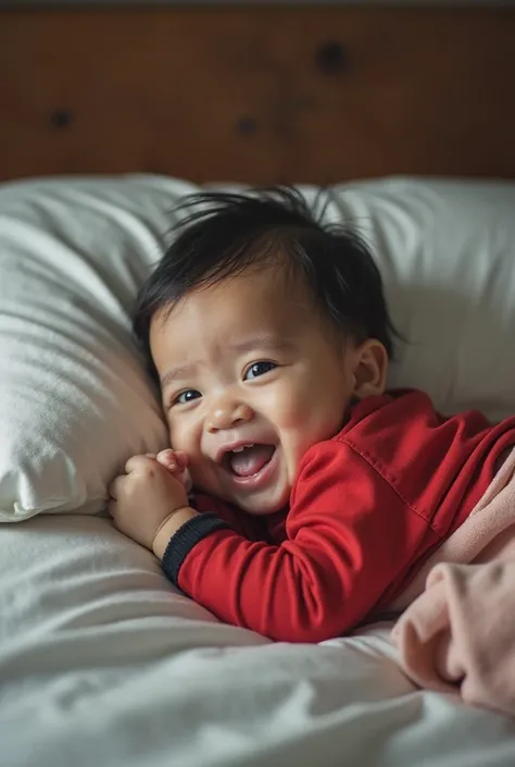 arafed baby laying on a bed with a pillow and a pillow, nivanh chanthara, thawan duchanee, bao pham, resting after a hard fight, wearing track and field suit, changquan, ruan jia beautiful!, added detail, champion, riyahd cassiem, taken on iphone 1 3 pro, ...