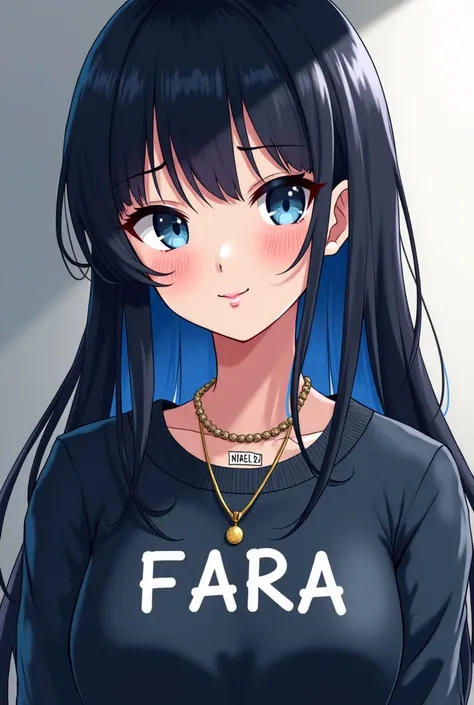 A women is wearing a sweater and there's a printed name on it says FARA (full letters) and she has a necklace that has name on it says Niel and her eyes are dark blue and her hair is long and black and blue color (in anime style) 