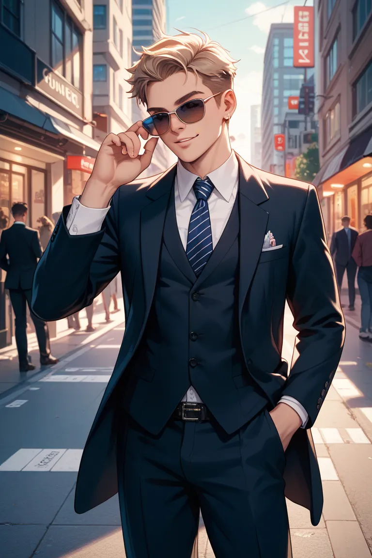 Boy with unkempt hair in suit and sunglasses