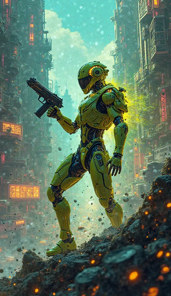 Abstract gaming inspired Cell phone wallpaper with yellowish lime green, showing a robot carrying pistol in  futuristic cyber city High Resolution, High Quality