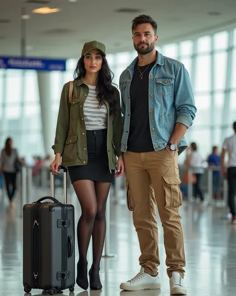 A stunning Ukrainian model, a 24-year-old beauty with heart-shaped face, luscious black hair, and porcelain skin, stands confidently alongside her handsome counterpart at RIOgaleão International Airport terminal. Her full body is showcased from a side view...