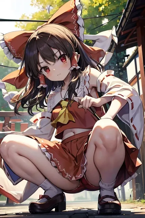 squatting,open legs,(((Reimu Hakurei)))　((Priest　shrine))　(Maple　shrine)　Shining Edges　 WATCH SHINING BACKGROUND