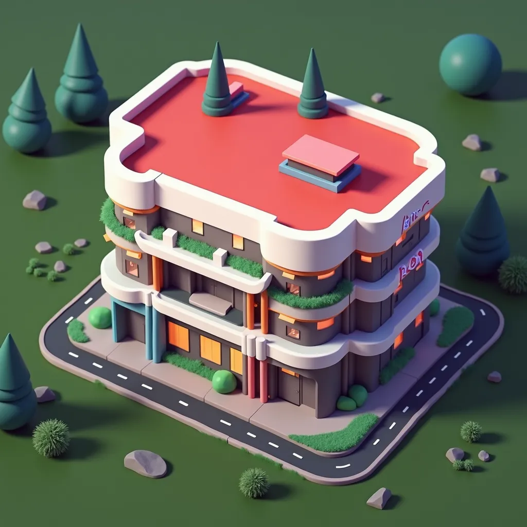 A modern building，3D cartoon style