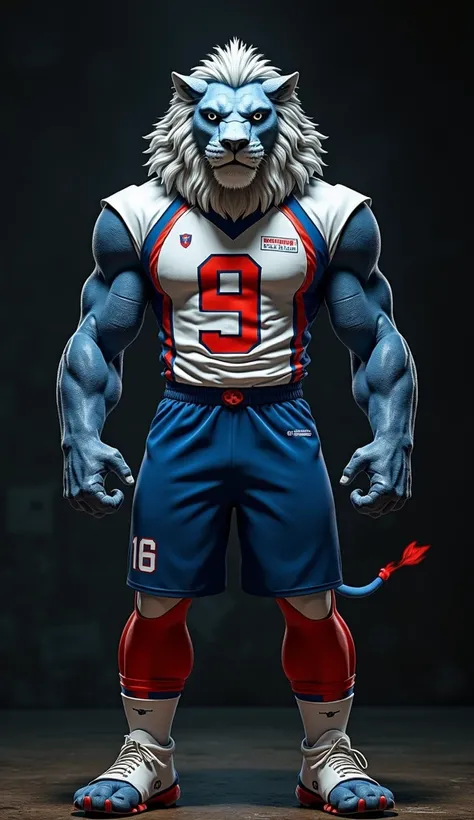 A powerful e-sports mascot lion standing tall with a fierce expression, hands on its waist in a dominant pose. The lion wears a blue and white uniform: a blue jersey, white shorts, and blue socks. Its muscular build and intense gaze convey strength and det...