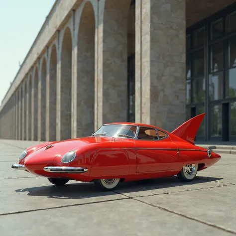 Weird Cars Concept,  a tiny torpedo style red car parked in front of a building, 