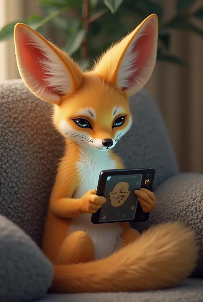 Fennec fox sitting on a couch looking at his phone with sadness in his eyes 