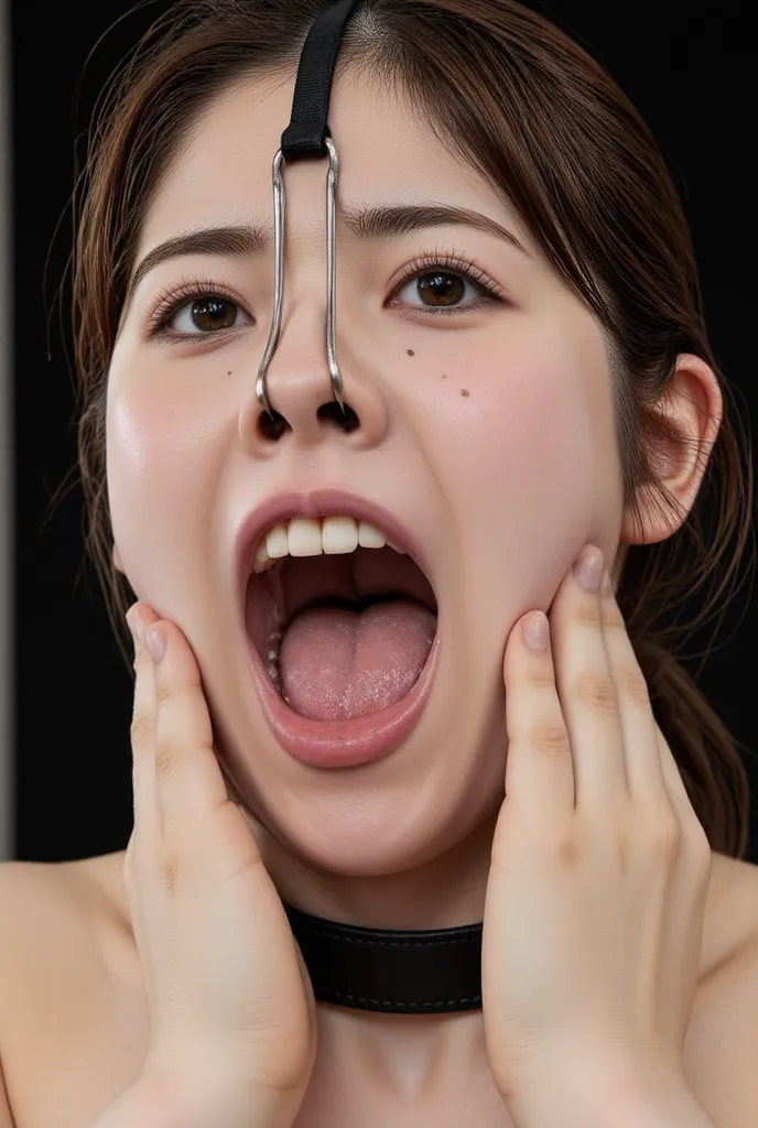 Reina Odakura has her mouth wide open so that we can see inside, cheeks extended, hands slightly in cheeks, traces of saliva, teary eyes, (nose hook with strap around top of head, metal collar: 1.2), realistic nostrils, angled from below, completely naked....