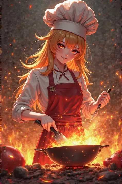 masterpiece,Highest quality,amazing image quality,Absard dress, resting
Karen \(  Impact Genshin  \), 1 girl, Burnt Aprons, Using a Wok,   hair like fire   (Abysmal),  bright red eyes , Kitchen Battleground, Floating Knives, Monster Ingredients (Vivo), smo...