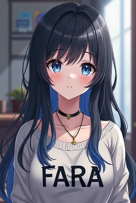 A women is wearing a sweater and there's a printed name on it says FARA (full letters) and she has a necklace that has name on it says Niel and her eyes are dark blue and her hair is long and black and blue color (in anime style) 