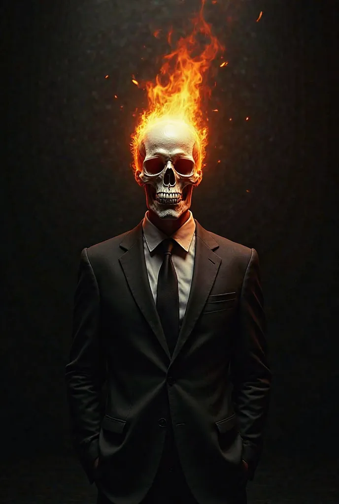 Make me an image of a man with a flaming skull for a head in a suit