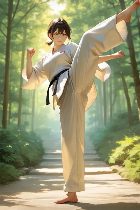 1girl, karate_gi, dougi, barefoot, kicking, soles, feet, solo, black_belt, fighting_stance, toes, clenched_hands, high_kick, foot_focus