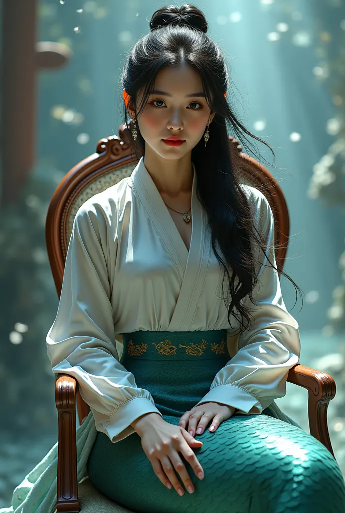 Make me a sexy Chinese ager girl wear Chinese shirt and transformation into mermaid fully transformation into mermaid sit in the chair 