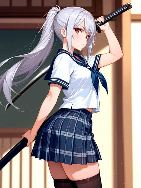 8k,masterpiece, best quality, ultra detailed, high resolution, super fine illustration, 1girl, solo, red eyes, silver hair, long hair, ponytail, school uniform, serafuku, pleated skirt, plaid skirt, thighhighs, holding Japanese sword,looking at viewer,