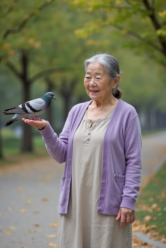 "An elderly Korean woman with soft facial wrinkles and small, expressive eyes stands in a park, feeding pigeons from her hand. She wears a modest lavender cardigan over a simple cotton dress, and her hands are slightly weathered from years of care and hard...