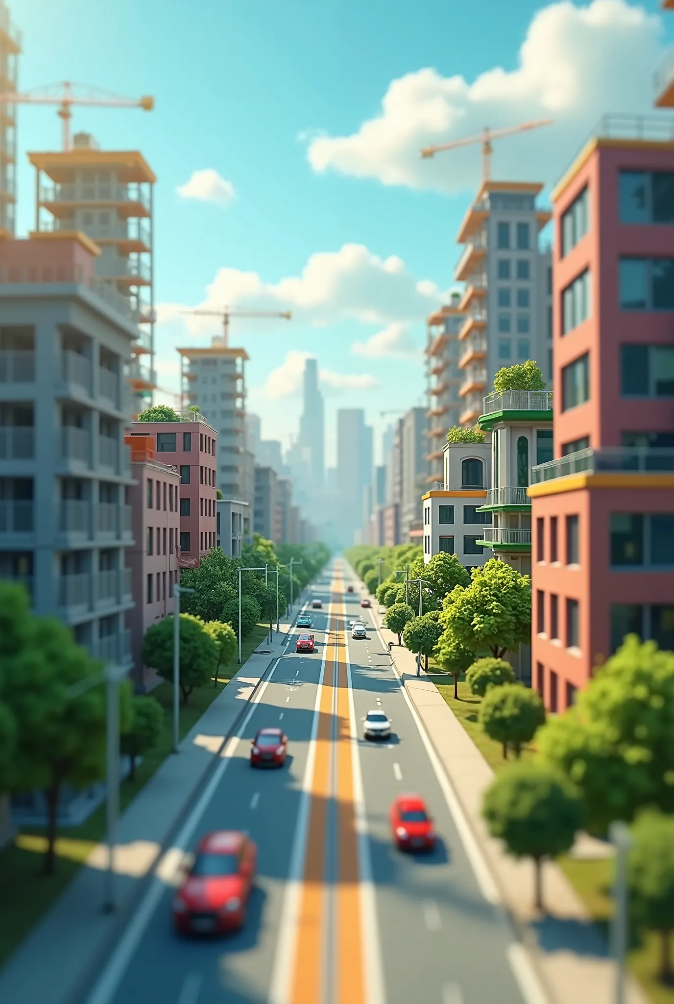 Create a time-lapse style animated loop: Begin with a single foundation being laid. Transition to building frames, then rapid construction of multiple buildings. Show the growth of roads, the addition of trees and animated tiny cars. End with a wide shot o...