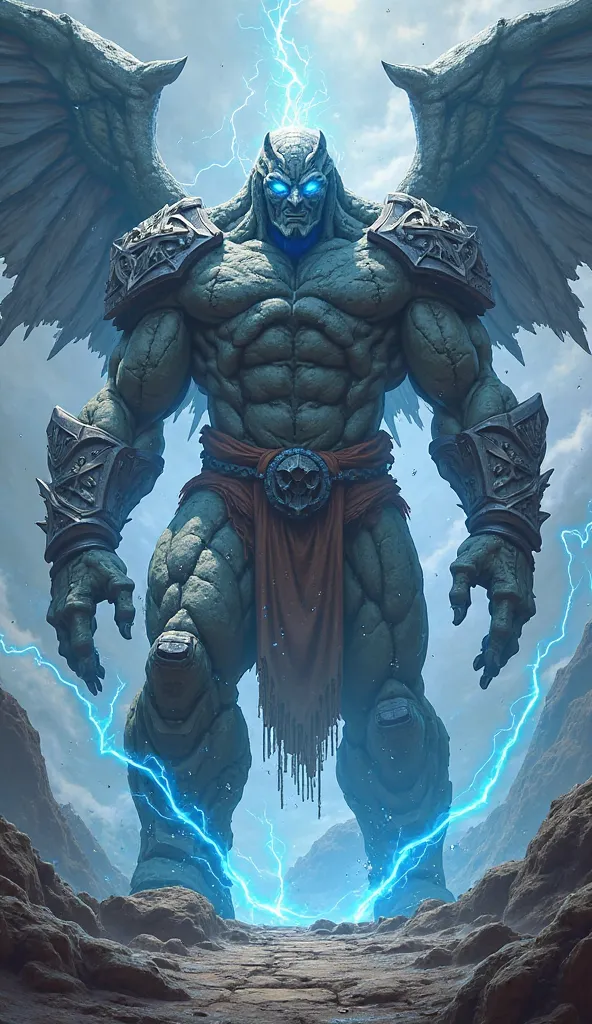 Skyborn Guardian – The Titan of the Runes

A towering stone colossus, its weathered body etched with ancient runes pulsing with arcane blue energy. Cracks in its massive limbs flicker with raw power, and its two blazing blue eyes pierce the darkness, judgi...