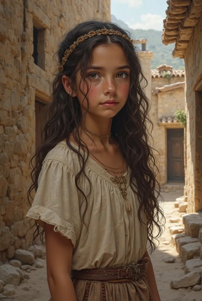 Create me a  girl with long wavy hair intelligent orphan and poor with clear eyes who lived in ancient Greece