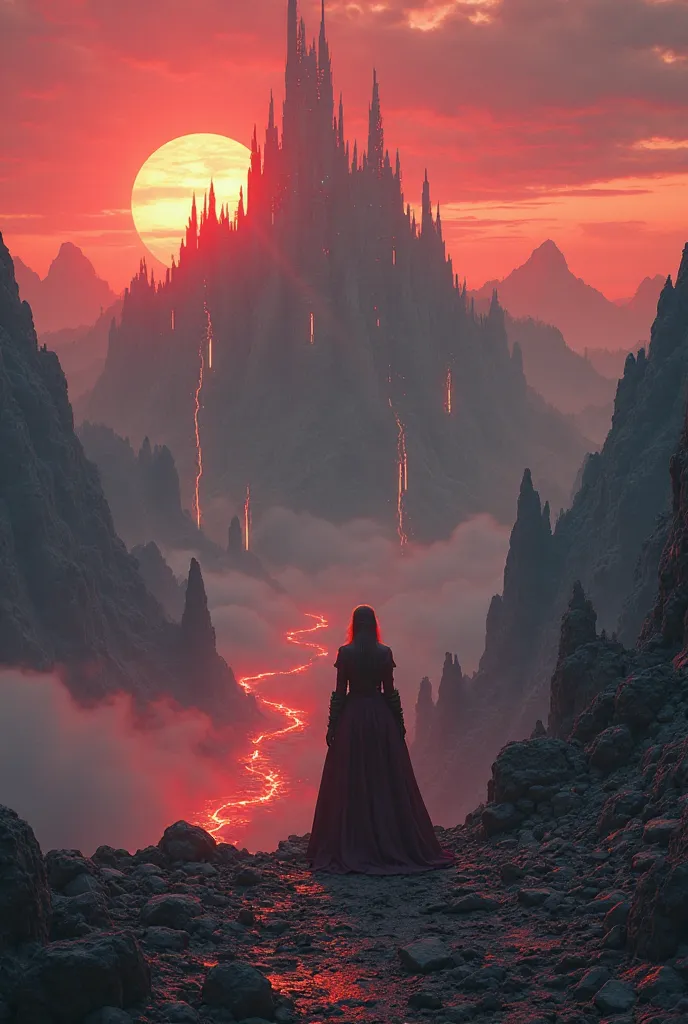 background: An unmistakably dramatic and futuristic landscape at sunset, with elements of medieval fantasy, , designed in a hyperrealistic style 8K, fantasy futurism. Imagine the colossal, jagged black basalt mountain peaks, sometimes pierced by glowing ru...