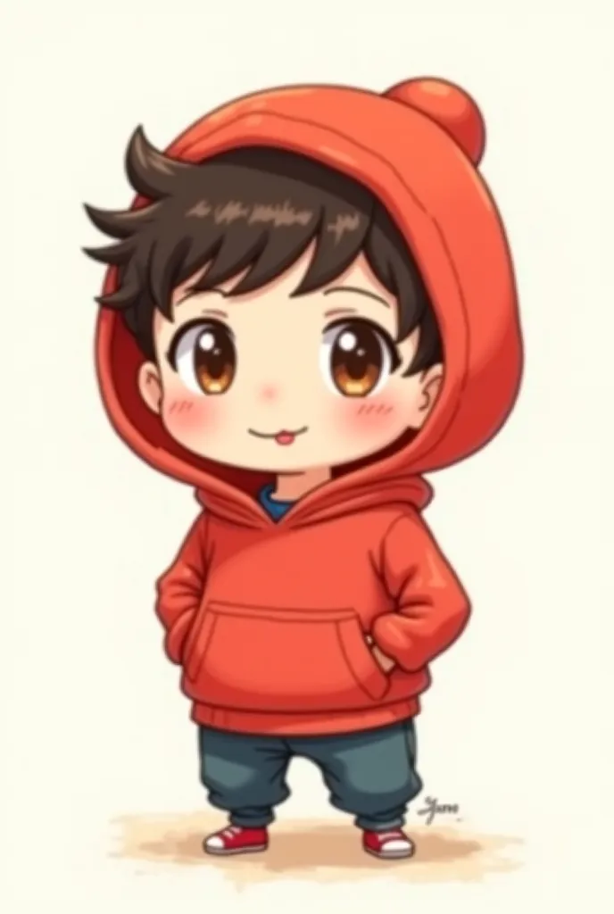 Chibi. Boy. Drawing. Wearing a red hoodie.