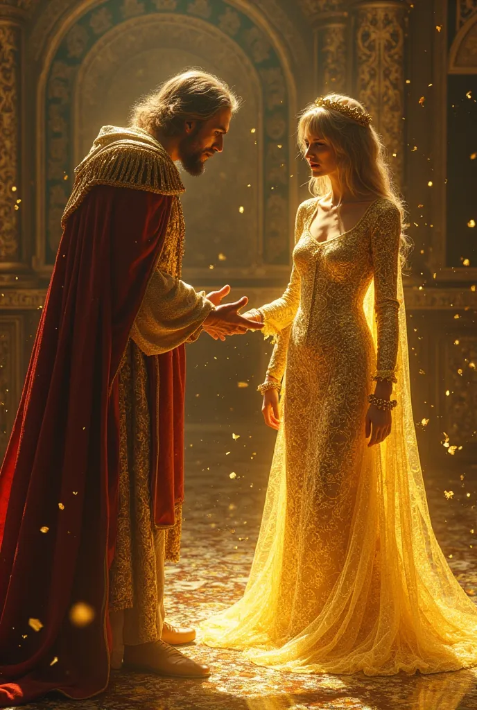 A princess slowly turning into gold 
King midas screaming and holding a princess' golden figure.