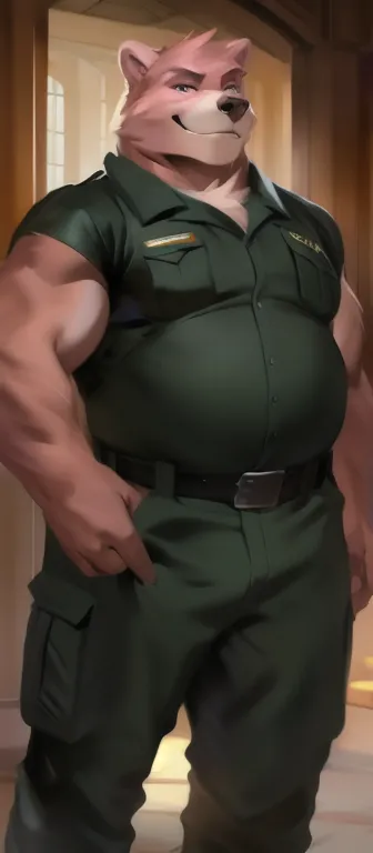 Solo, male Tall,model, huge​ body,​Standing upright , den,Pink bear , black green Army uniform, overweight, muscular, smirking, by chunie​