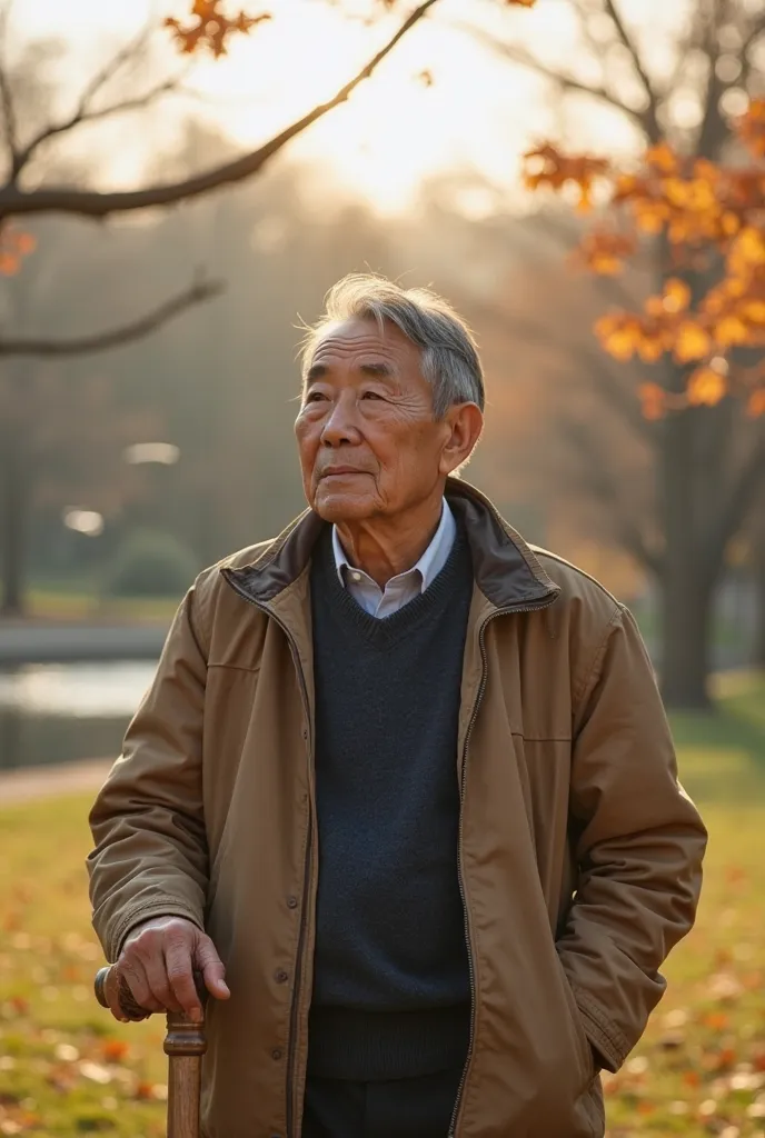 "An old Korean man with a weathered yet kind face stands in a peaceful park during early morning. His short gray hair is neatly combed, and he wears a simple light brown jacket over a dark blue sweater. His wrinkled hands rest gently on the wooden handle o...