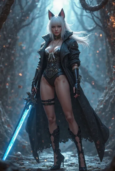 Please make me a female miqo'te including. Typical ears with white hair in suspenders, black leather corset with white accents, high Heels, black leather coat with hood and a bright blue rapier