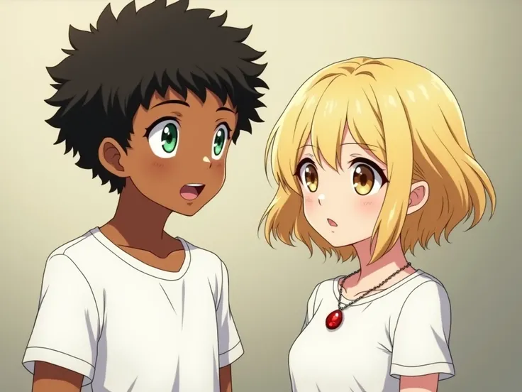 Create anime image of a brown skin toned 19 year old guy with black hair, green eyes, wearing a white t-shirt talking to a beautiful girl with short blonde hair and brown eyes, she is wearing a white t-shirt and a neckless with a red cristal.