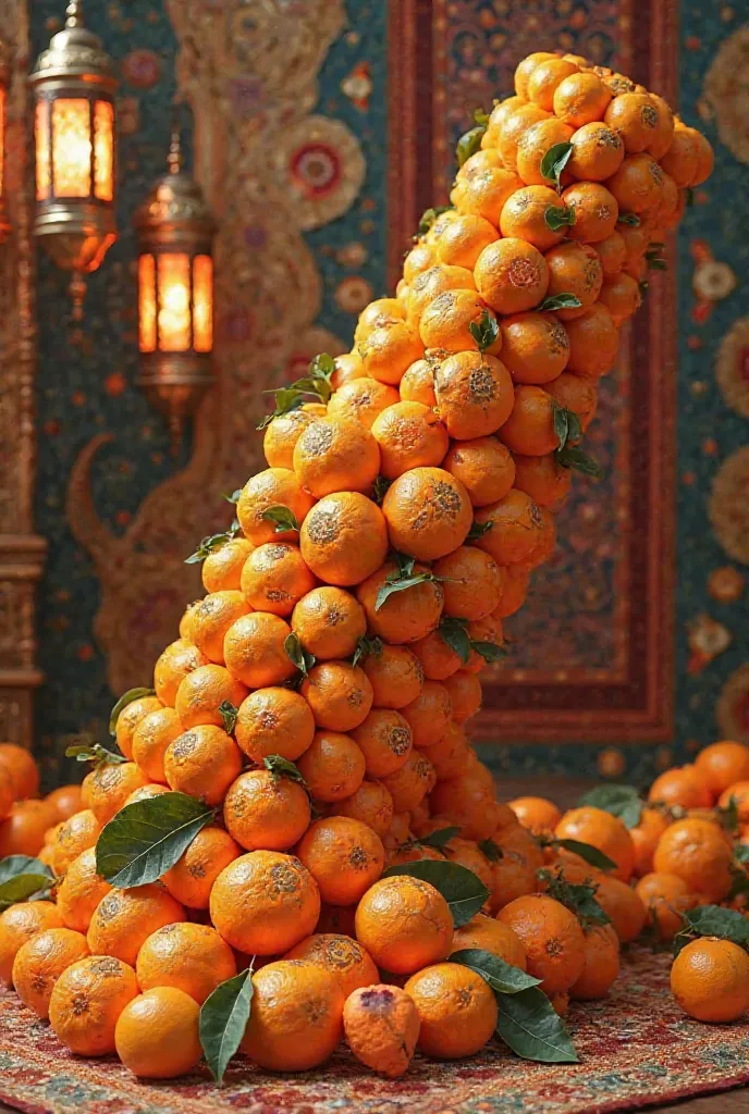 A vibrant Ramadan cannon made from oranges, set against a stunning backdrop of Ramadan decorations."