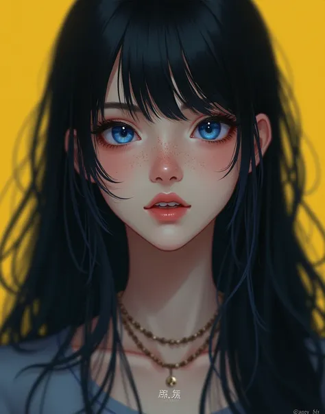 an image of a girl with very long black hair, 1girl, solo, long hair, blue eyes, blue hair, freckles, jewelry, parted lips, necklace, blurry, lips, blurry background, piercing, realistic, nose piercing, lip piercing, simple yellow background