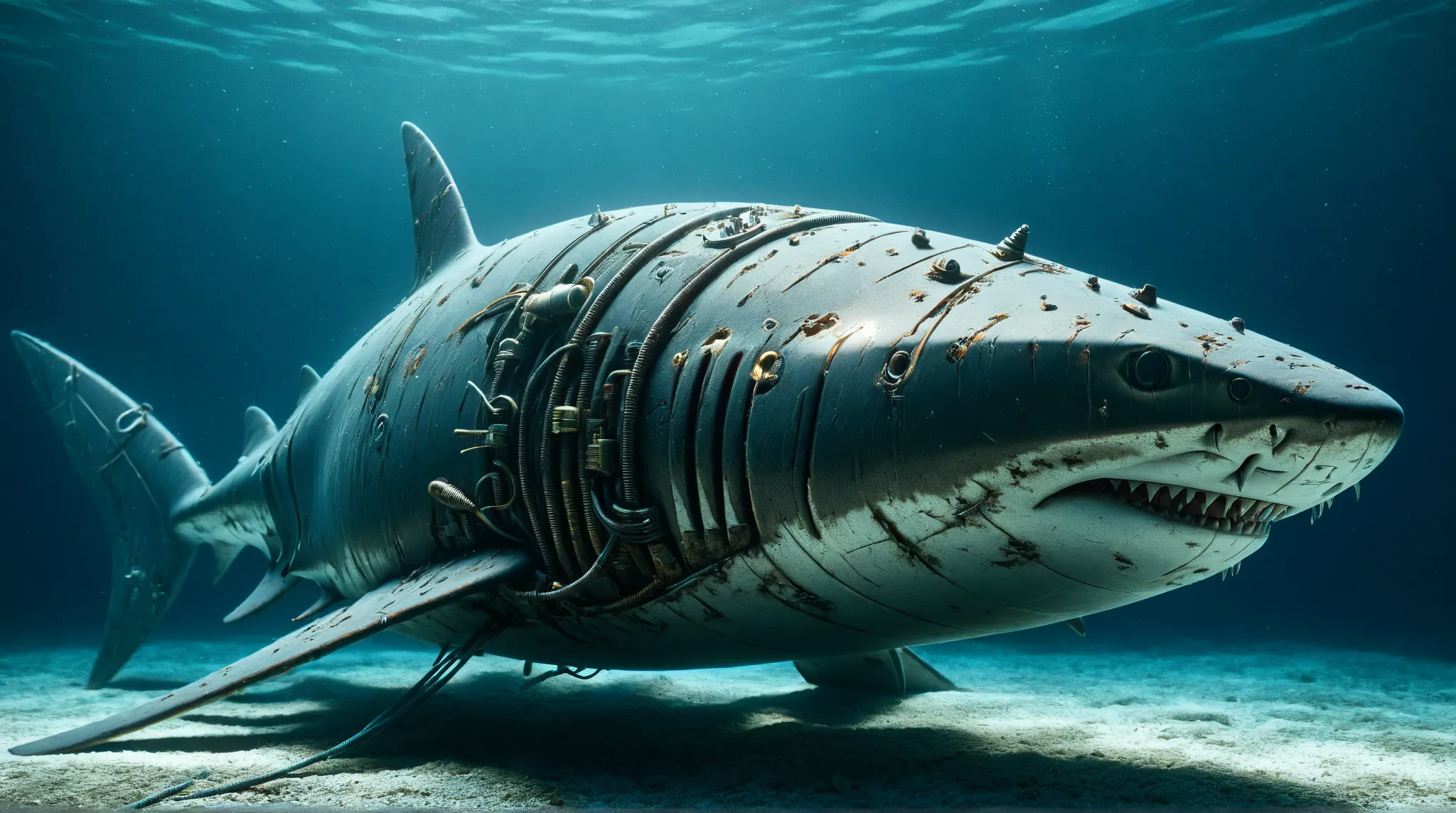 cinematic photo Mechanical cyborg (shark), (((steampunk))), rusty old armor, old metal, robot, (((full body visible))), wires, realistic, creepy, scary, cables, deep under water background, glaring at viewer, portrait, photography, detailed texture, realis...