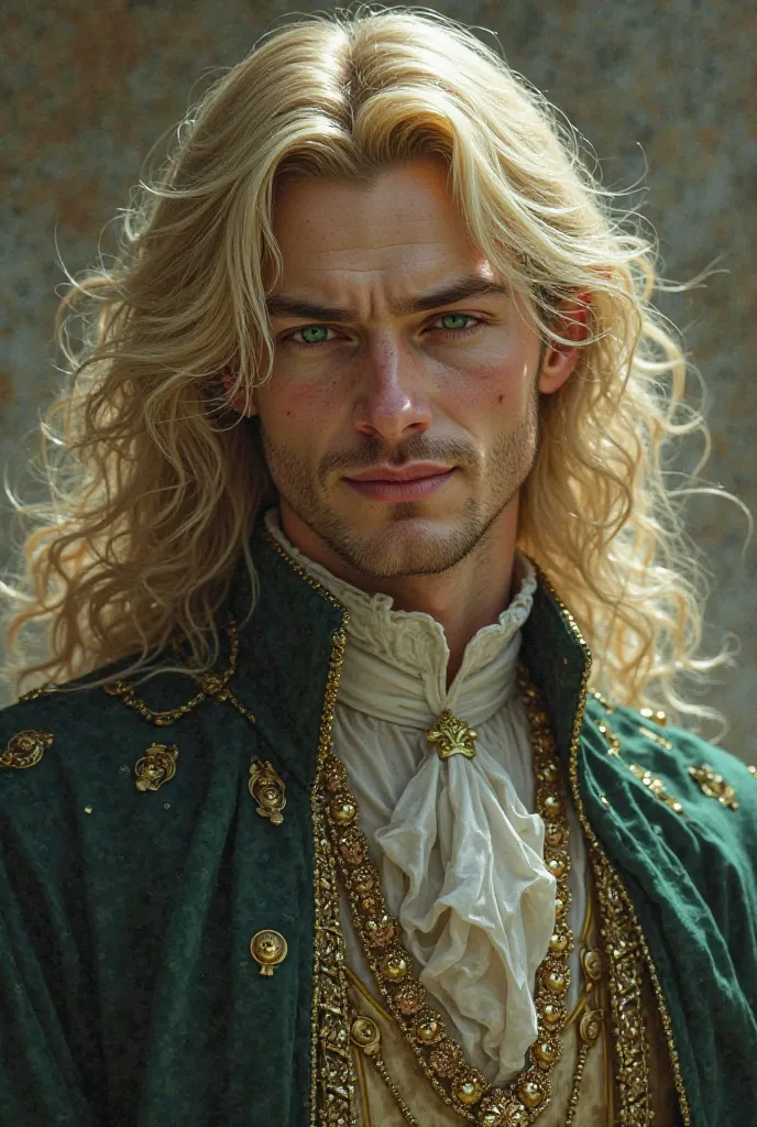 a blond man,  of fair skin with green eyes . looks like an angel with a demon smile,  is dressed as a priest  