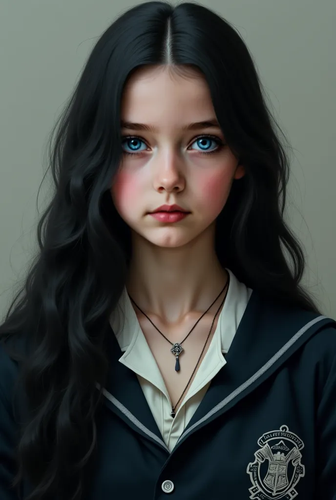 Black hair, blue eyes, white skin, wearing a necklace, wearing a Hogwarts school uniform.