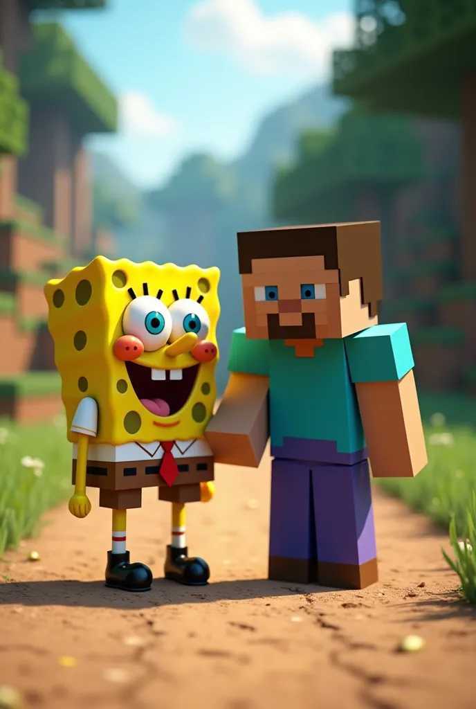 SpongeBob with Steve from Minecraft on a dirt road 