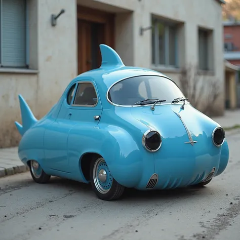 Weird Cars Concept,  a tiny shark style blue car parked in front of a building, 