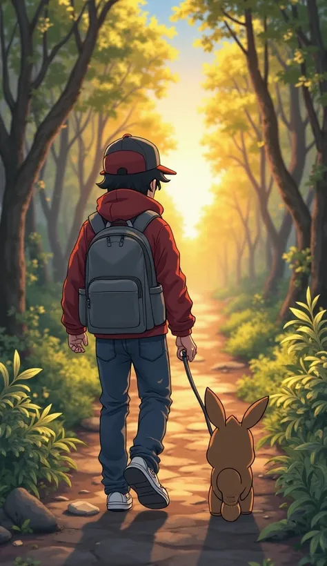 With his Poké Ball safely secured, Satoshi slings his gray backpack over his shoulders and starts walking home. His black-and-red cap bounces slightly as he hums a cheerful tune, his deep red jacket swaying with each step. His white-and-black sneakers tap ...