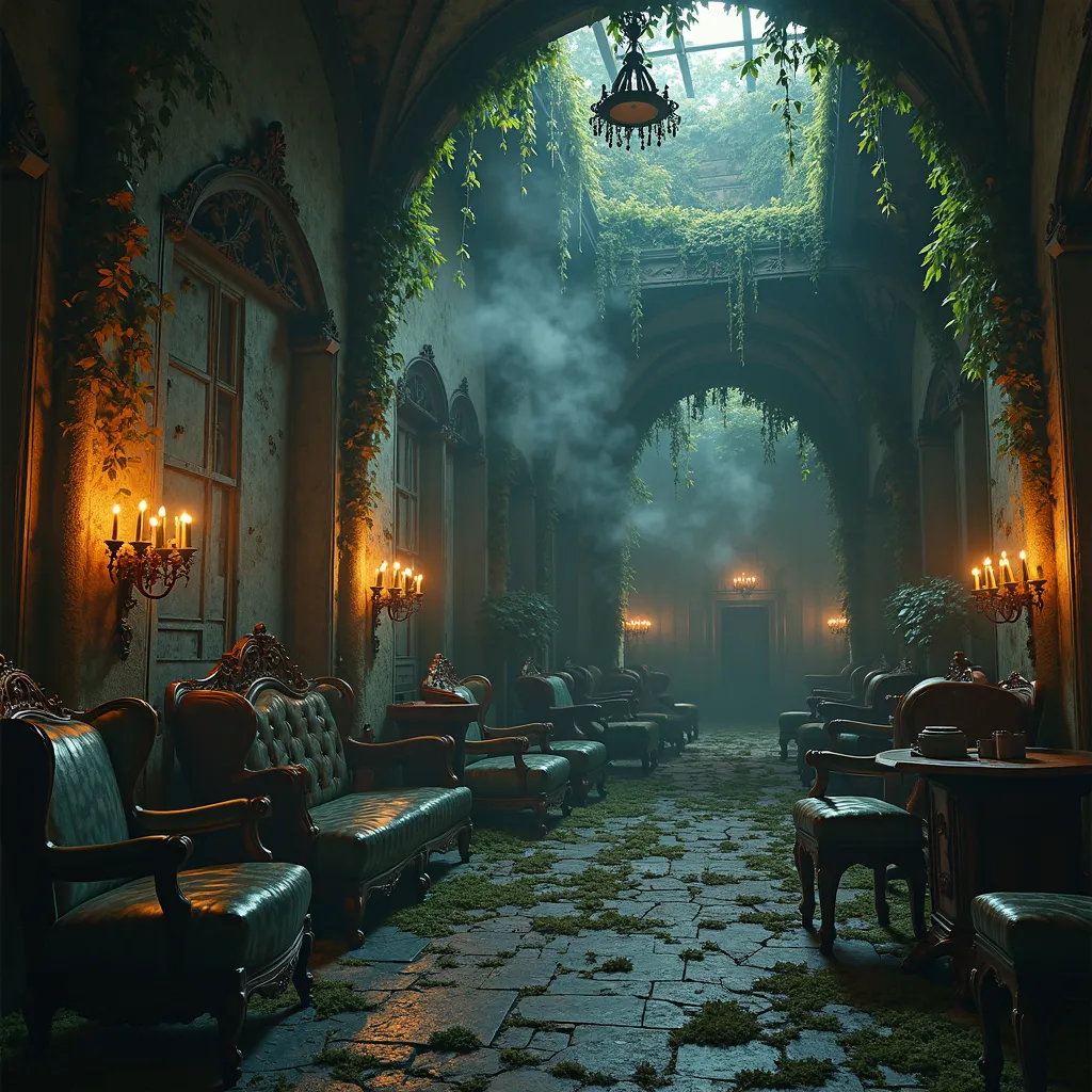 abandoned mansion inhabited by quirky spirits, highly detailed, 8K, photorealistic, HDR, dramatic lighting, eerie atmosphere, crumbling architecture, overgrown ivy, dusty furniture, mysterious shadows, flickering candles, incorporeal entities, mischievous ...