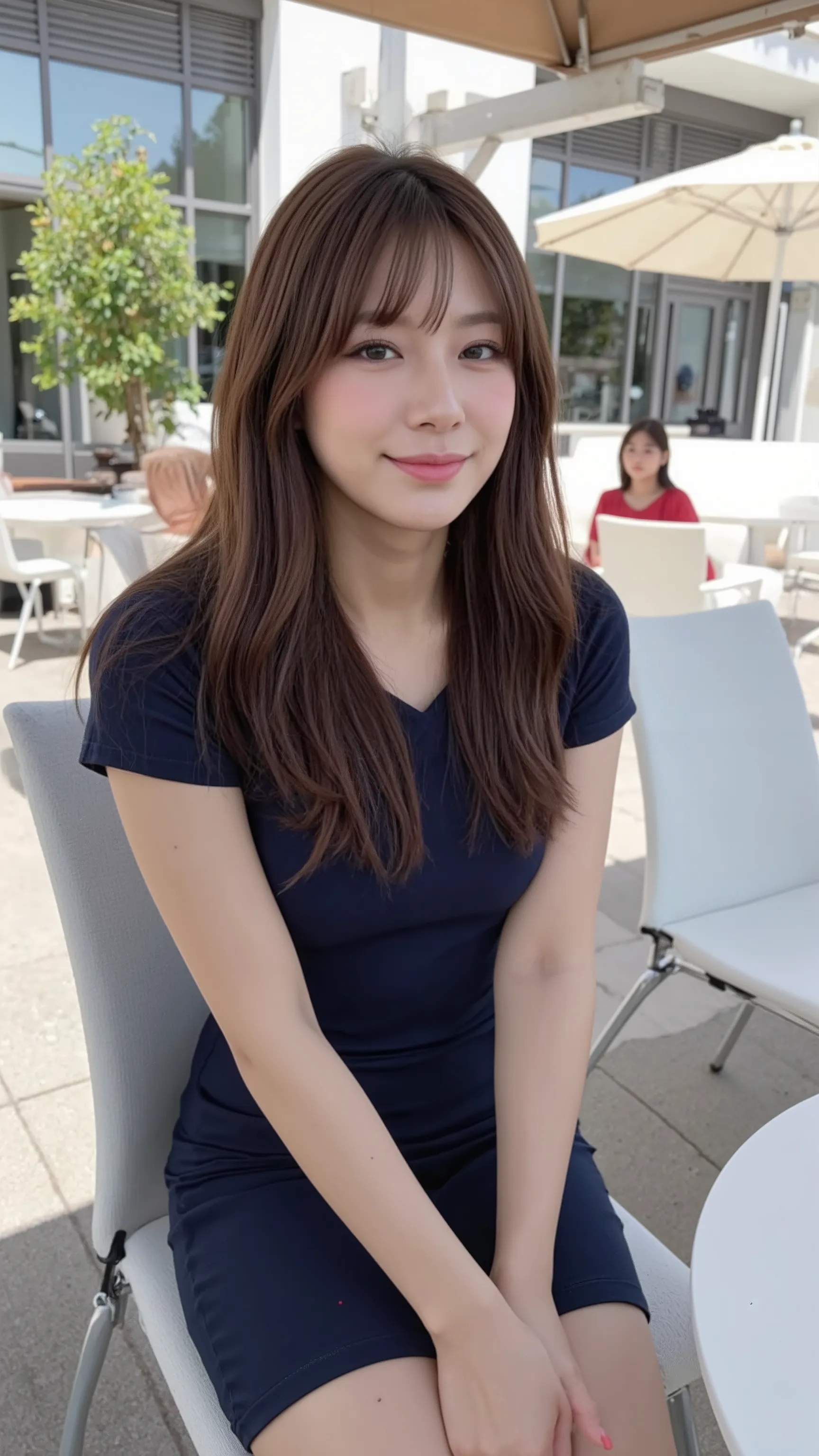 A woman sits in front of a cafe terrace in Tokyo on a clear day、Wearing a tight dress、Sitting leaning forward on a chair、large breasts are resting on the table、is looking at me with a smile on her face、I have long hair and put my hair together、Do you have ...