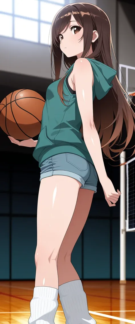 Masterpiece, best quality, amazing quality, 1girl, solo, thin, back view, from side, shooting basketball, brown eyes, very long brown hair, hair with teal highlights, long swept bangs, thin, close up, small breasts, slightly toned arms, sleeveless teal hoo...