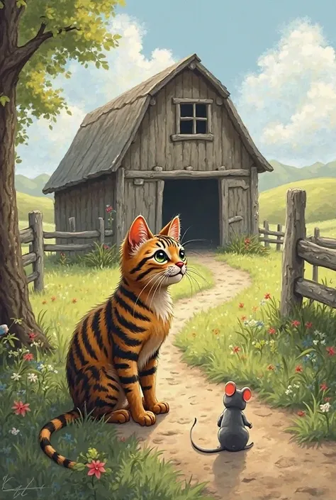 Drawing of a tabby cat and a mouse looking towards a barn where voices came from