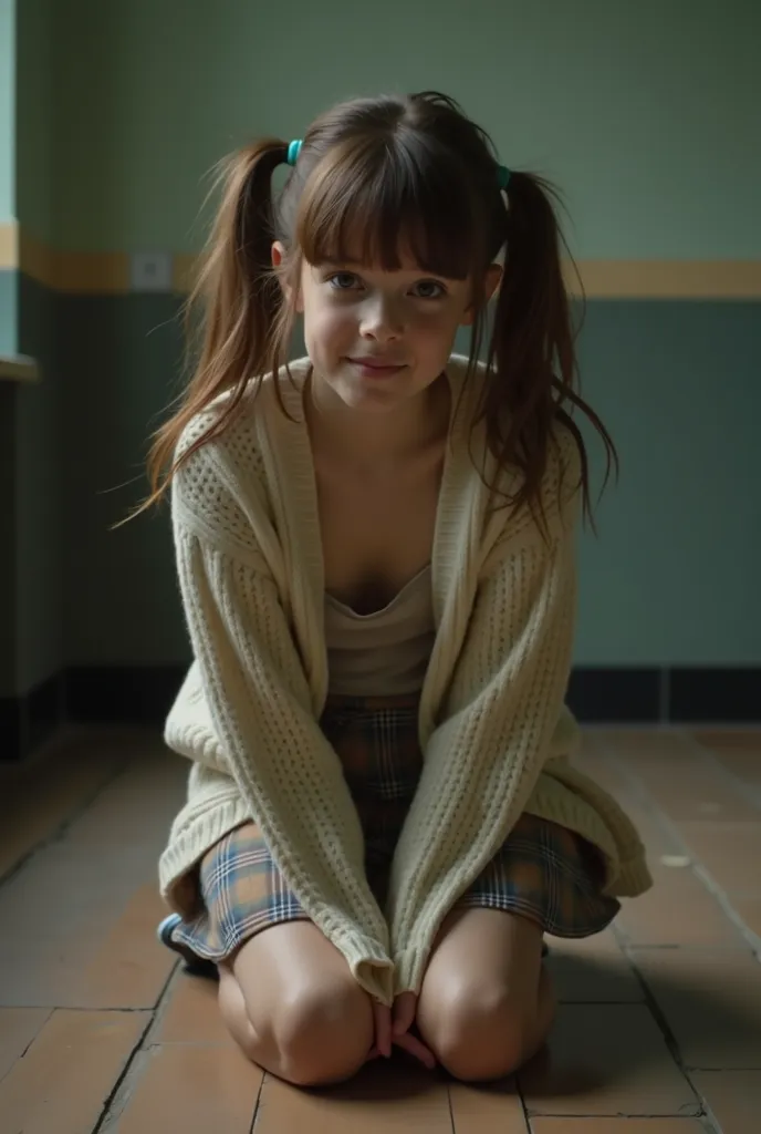  Fifteen-year-old girl ,   brown hair,  with two duvets ,  Open breasted knit sweater ,  encolure nue sans soutien-gorge   , Very short plaid miniskirt  , is kneeling on the ground in a very submissive manner, Visage qui pleure,   Inside an old school full...