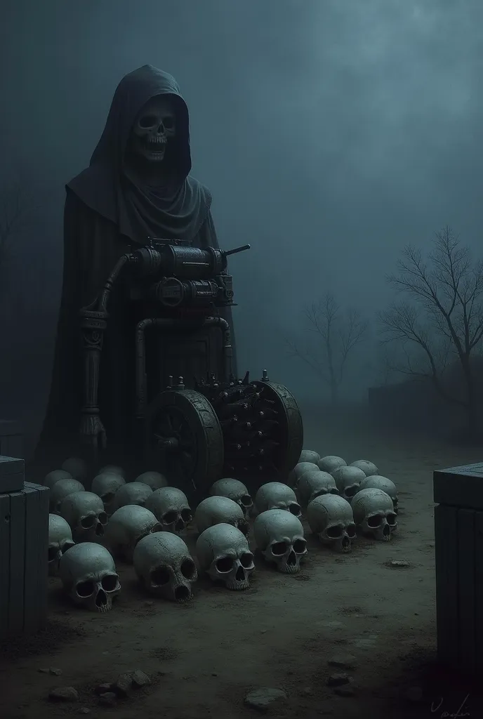 Skulls around the machine in a dark setting 