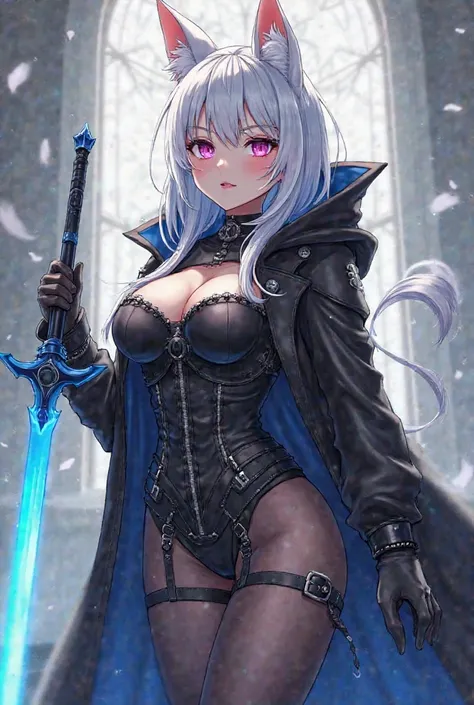 Please make me a female miqo'te in anime style including. typical ears with white hair in hold-ups stockings, black leather corset with white accents, overknee high Heels, black leather coat with hood and a bright blue rapier