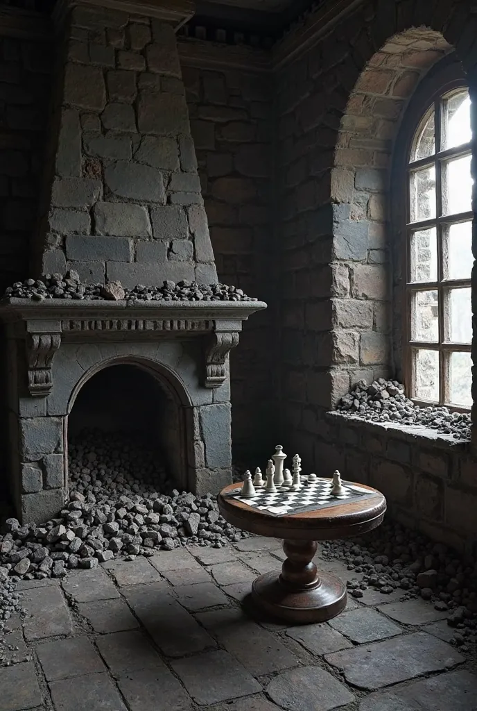 The black stone fireplace is located on the left and the dark castle on the side, almost black stone level 3, one tower under destruction. There is no fire in the fireplace, only tons of coals!!! In front of the fireplace, there is a small round table on t...