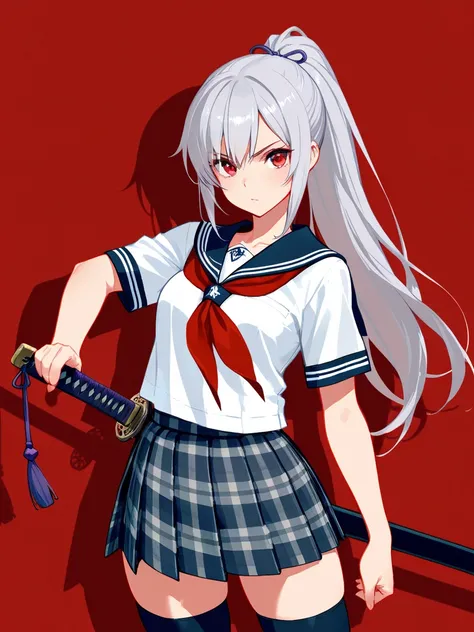 8k,masterpiece, best quality, ultra detailed, high resolution, super fine illustration, 1girl, solo, red eyes, silver hair, long hair, ponytail, school uniform, serafuku, pleated skirt, plaid skirt, thighhighs, holding Japanese sword,looking at viewer,