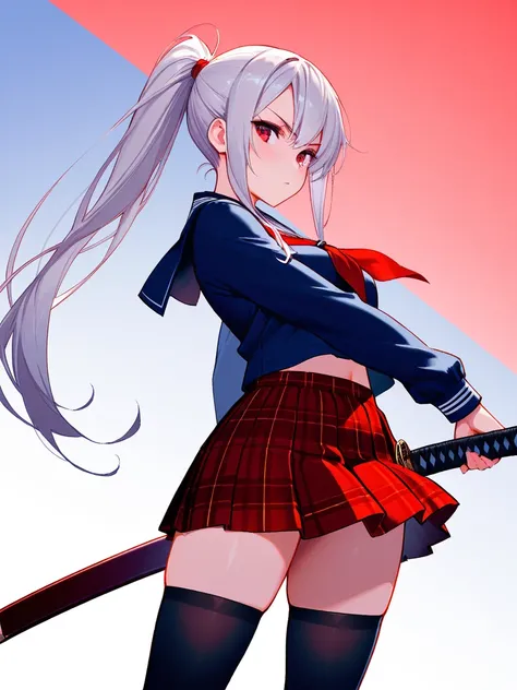 8k,masterpiece, best quality, ultra detailed, high resolution, super fine illustration, 1girl, solo, red eyes, silver hair, long hair, ponytail, school uniform, serafuku, pleated skirt, plaid skirt, thighhighs, holding Japanese sword,looking at viewer,