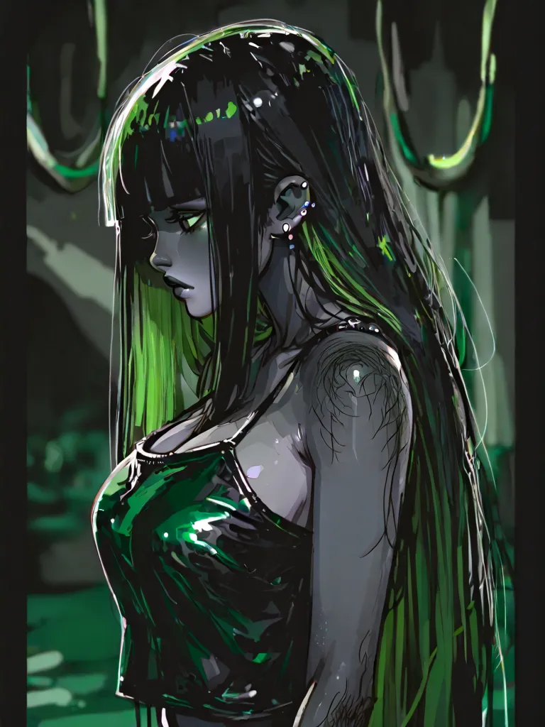 Black and Green, 1 girl, random suspect,  black hair, inner green color, very long hair with underarm hair,  quick,  Princess cut, Straight Hair, big breasts,  Slim, Grey Skin, Blurred, leather camisole, Beautiful shoulders,  ear piercing３indivual, 